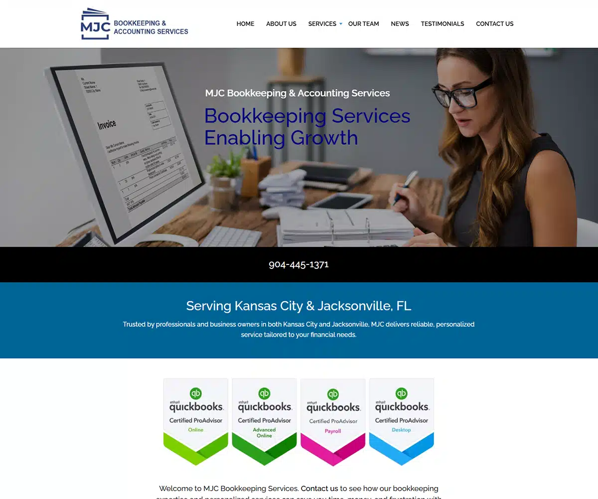 Accountant Website Designer In Jacksonville FL | Kelly Advantage Accounting firm website design showcasing tax preparation, accounting services, and professional financial information.