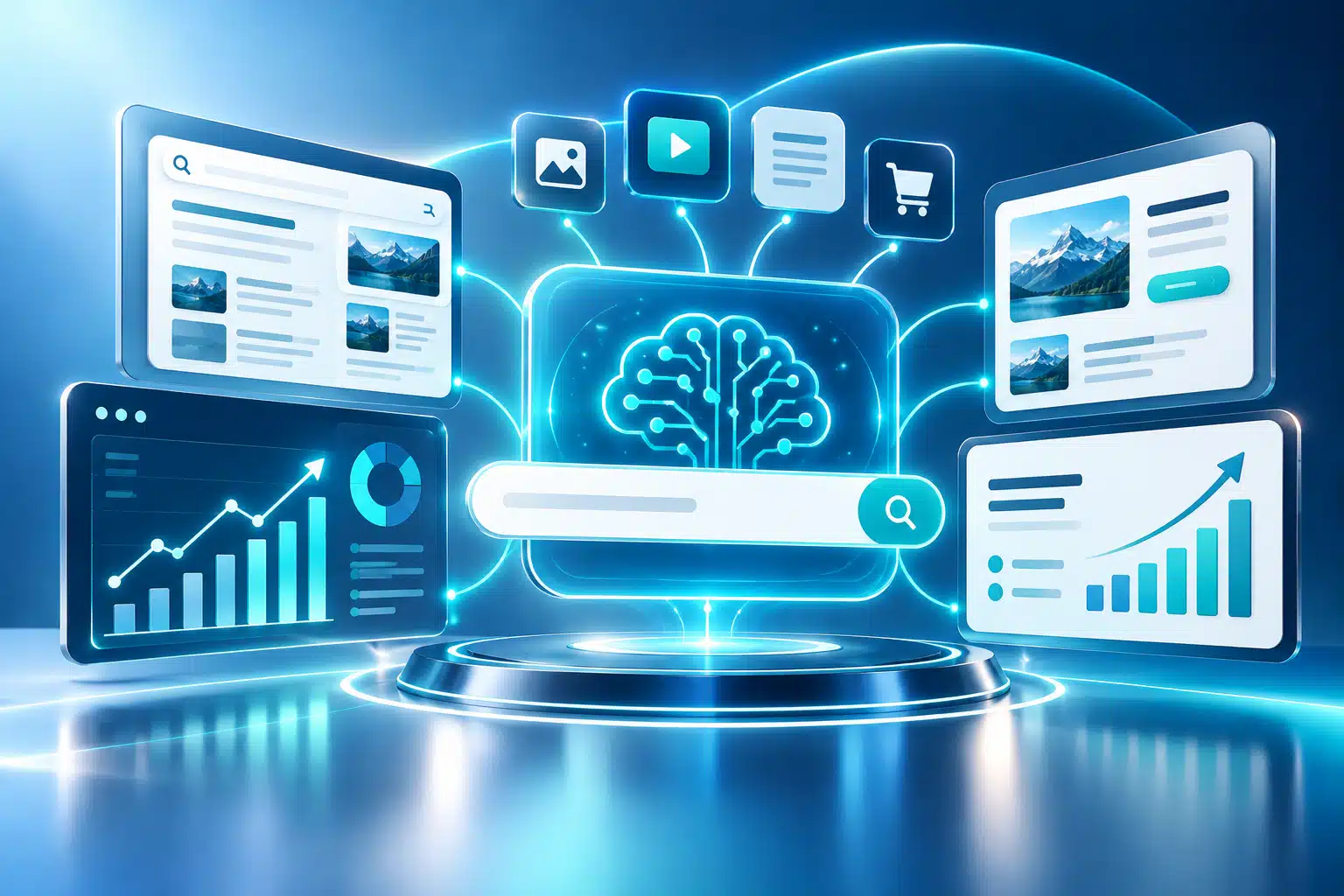 AI search interface with connected content panels and digital marketing analytics