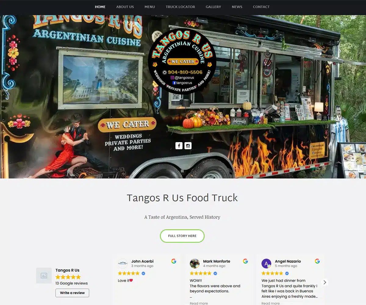 Food Truck Website Designer Jacksonville FL | Kelly Advantage Food truck website design showcasing mobile food service, menu offerings, and food truck business information.