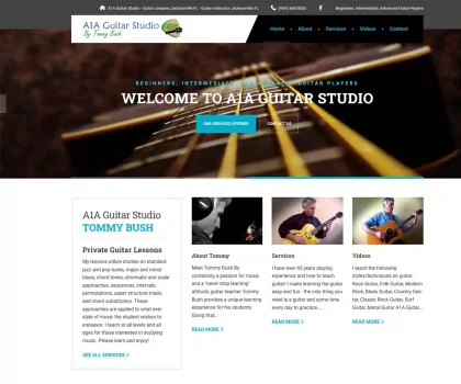 Jacksonville, FL guitar instructor website design showcasing guitar lessons, private music instruction, and educational programs.
