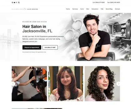 Professional hair salon website design showcasing haircuts, hairstyling, hair coloring, and beauty services.