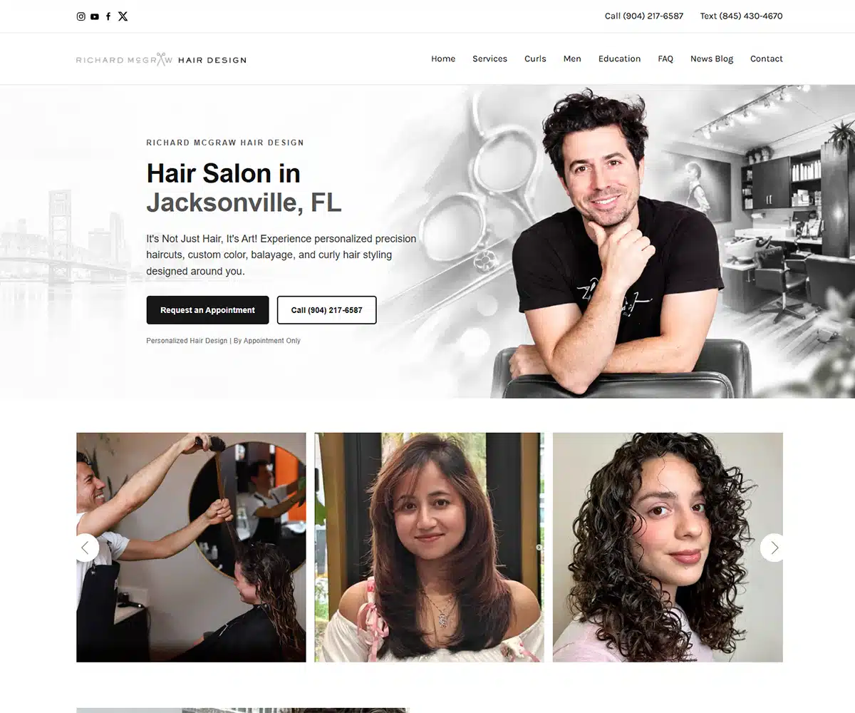 Hair Salon Website Designer Jacksonville FL | Kelly Advantage Professional hair salon website design showcasing haircuts, hairstyling, hair coloring, and beauty services.