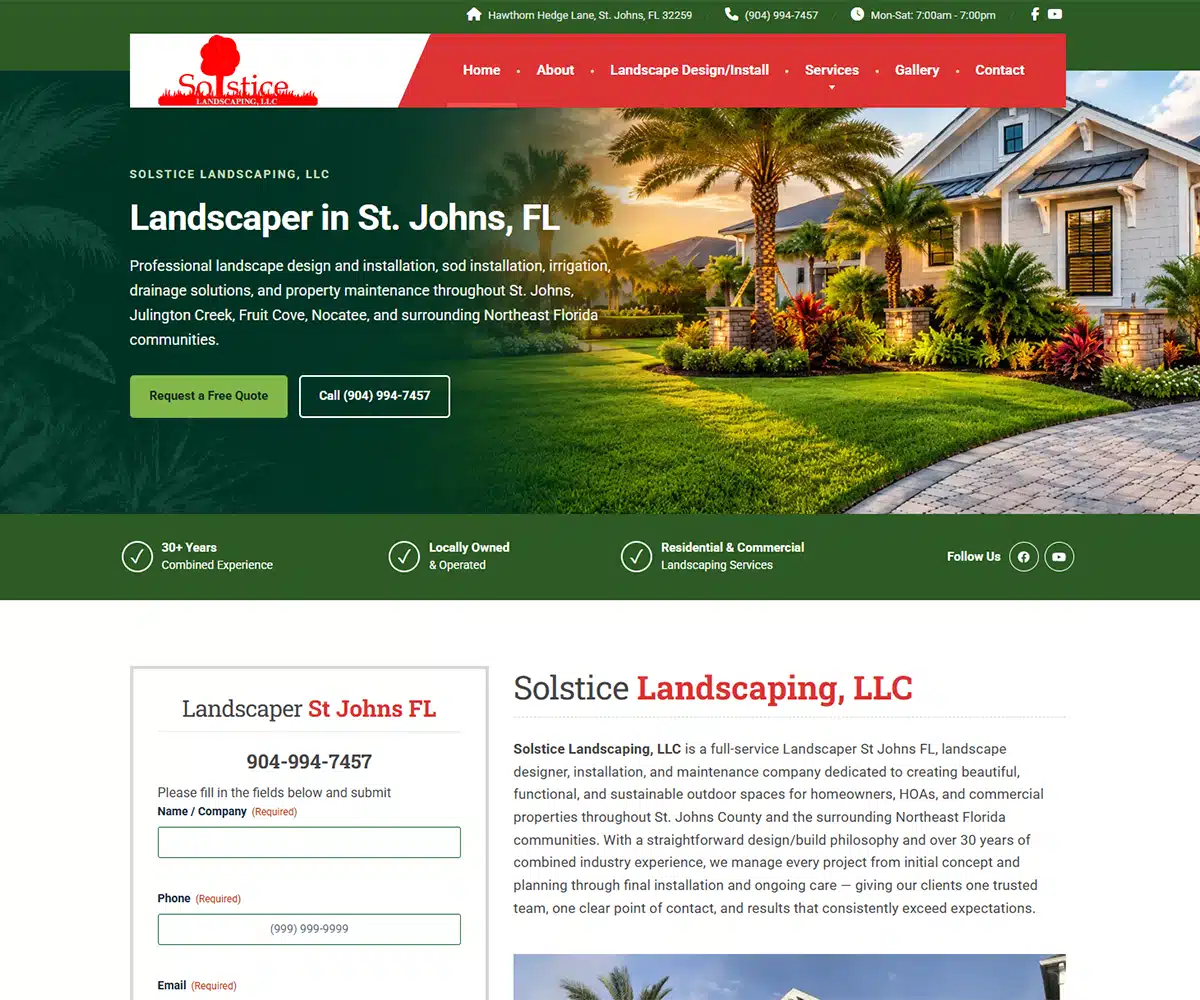 Landscaping Contractor Web Design Jacksonville, FL | Kelly Advantage Solstice Landscaping St. Johns FL website by Kelly Advantage