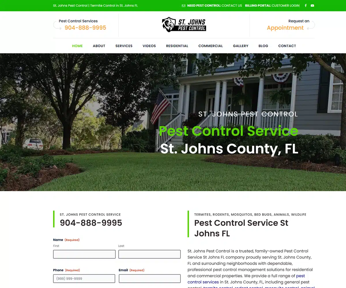 Pest Control Services Website Designer Jacksonville FL | Kelly Advantage Jacksonville, FL pest control website design showcasing residential pest control, termite treatments, and extermination services.