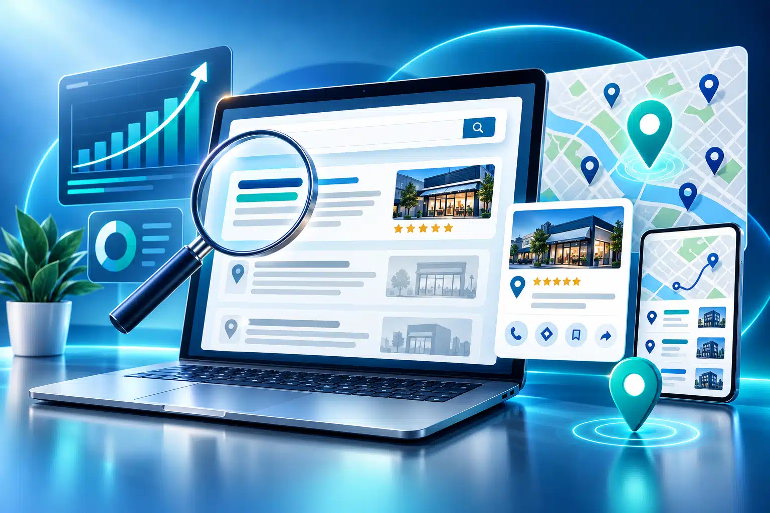 Local SEO dashboard with business listings, map markers, and ranking analytics