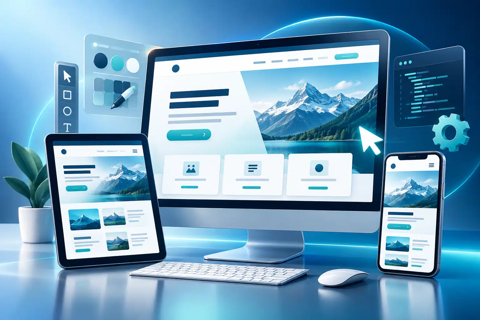 Responsive website design shown on desktop, tablet, and smartphone